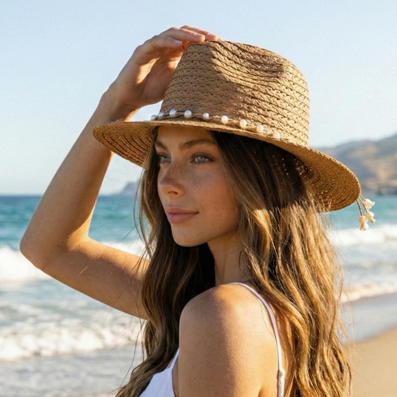 Accessories - Straw Wide-Brim Beach Hat with Pearl Trim